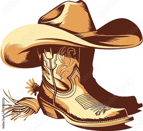 Rustic Western Essentials: A classic cowboy hat rests atop a weathered boot, its iconic design and spurs suggesting a life lived in the spirit of the Wild West.