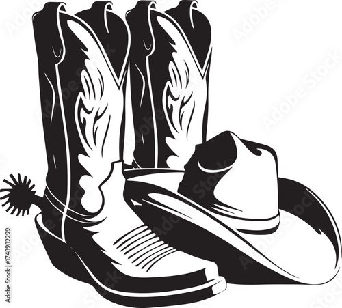 Western Ensemble: An illustrated monochrome image featuring iconic elements of the Wild West - a pair of cowboy boots, a hat, and a spur. A perfect image to evoke the spirit of the frontier