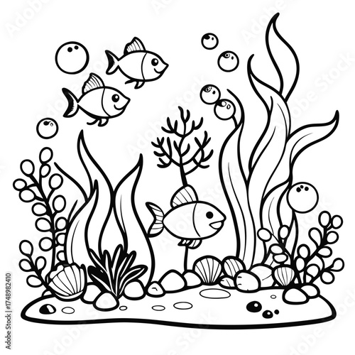 Underwater Garden Coloring Page with Diverse Marine Life and Plants