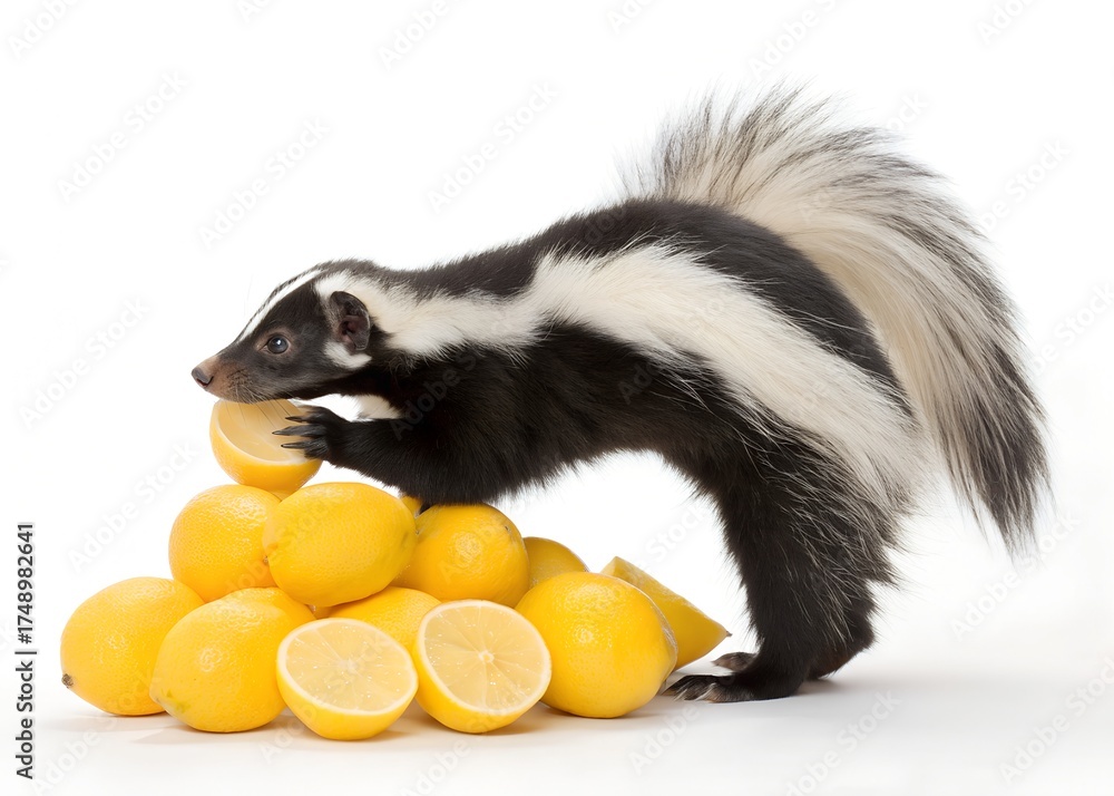 Fototapeta premium skunk try to eat fresh lemon from a pile of lemons