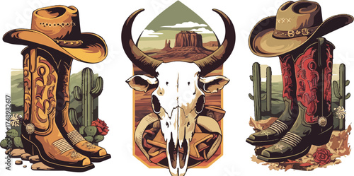 Western Heritage Showcase: A captivating artistic arrangement celebrating the iconic symbols of the American West, featuring a cowboy hat, cowboy boots, skull and desert elements. 