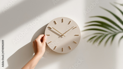 Hand Adjusting Minimalist Wall Clock for Daylight Saving Time Change in Bright Interior