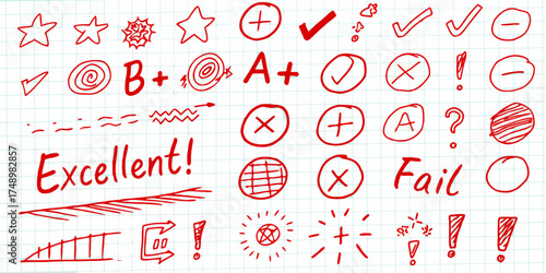 Collection of red hand drawn school grading symbols including stars checkmarks crosses grades and the word excellent on a grid paper background
