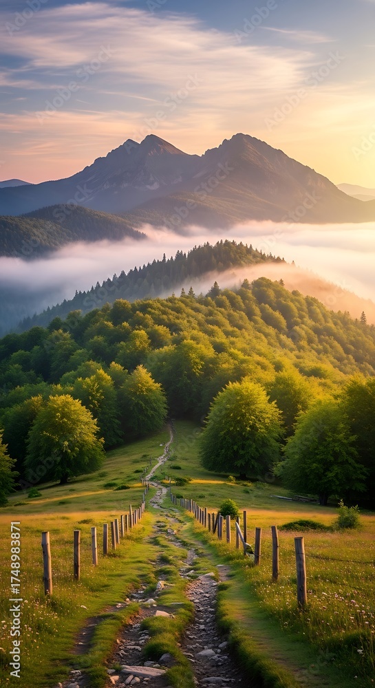 Obraz premium Scenic Mountain Trail at Sunrise - A Path to Serenity.