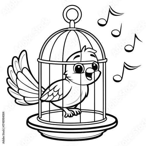 Intricate Coloring Page Featuring a Canary Bird Perched in a Decorative Cage