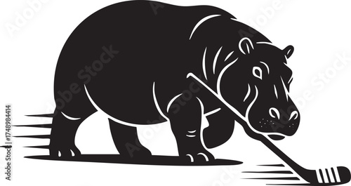 Funny Hippopotamus Ice Hockey Player Silhouette Illustration