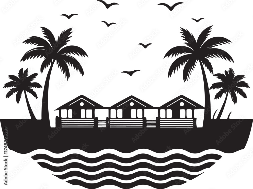 Obraz premium Tropical Paradise Beach Hut Silhouette