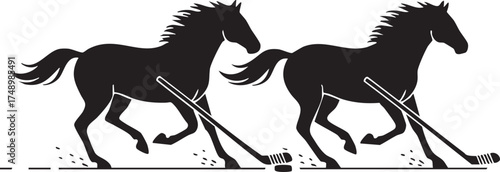 Dynamic Running Horses Playing Ice Hockey Silhouette Illustration
