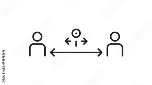 Two people maintaining physical distance with an icon representing connection between them.