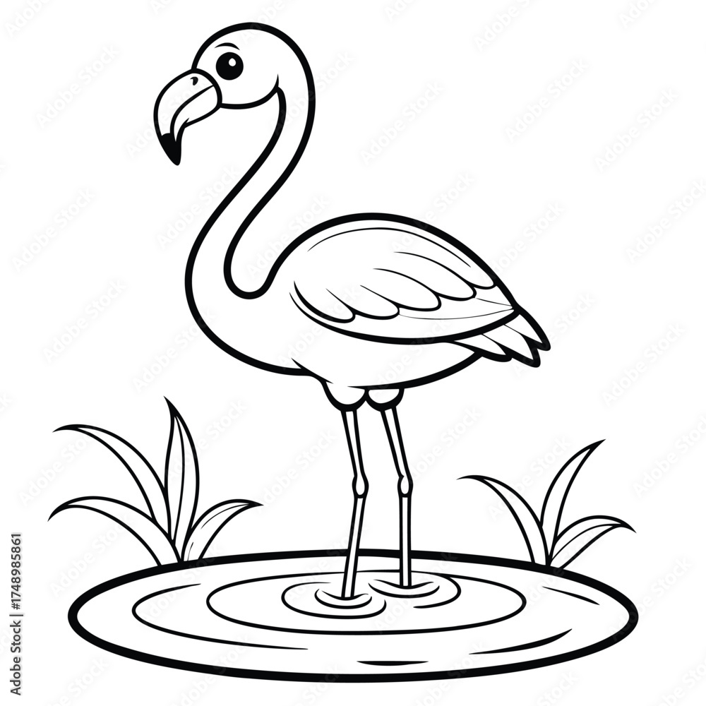 Fototapeta premium Detailed Coloring Page Featuring a Majestic Flamingo Standing Gracefully in a Picturesque Pond