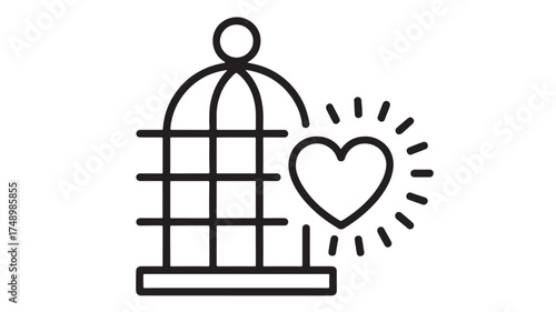 Open birdcage and glowing heart symbolizing freedom and love released.