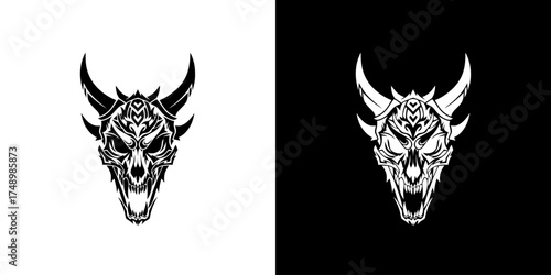 A striking black and white illustration of a demonic skull with horns and intricate facial details, presented on both a white and black background.