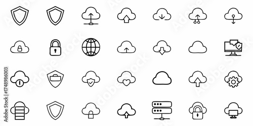 Essential Cloud Computing and Security Icons for Digital Infrastructure, Featuring Data Protection, Network Solutions, and Modern IT Services, Scalable Vector Graphics
