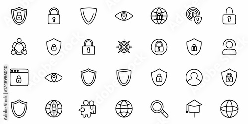 Protect Your Data with this Security Icons Collection for Cybersecurity Concepts, Featuring Padlocks, Shields, and Global Network Protection for Modern Digital Safety Needs