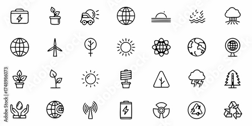 Inspiring eco line icons showcasing sustainability, renewable energy, and environmental awareness for a greener future, originally a scalable vector graphic