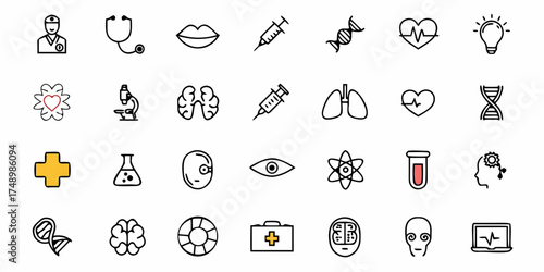 Dynamic medical icons for healthcare innovations, research development, and patient care solutions, symbolizing wellness, diagnosis, and scientific advancement