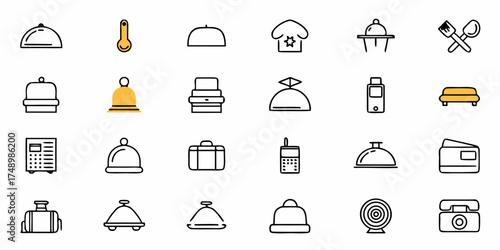 Hotel amenities icons provide a simple outline for travel and hospitality designs, offering bell, food service and lodging illustrations, perfect for service industry graphics