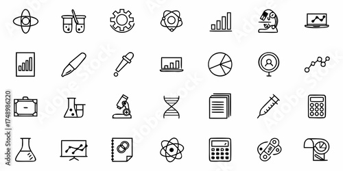 Explore science with this modern icon set, perfect for educational materials, presentations, or website design. Scientific instruments and data brought to life!
