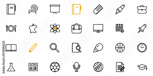 Variety of school icons represent learning, study and education, showing school supplies, notebook, pencil, book, and schoolbag in a modern, scalable vector design