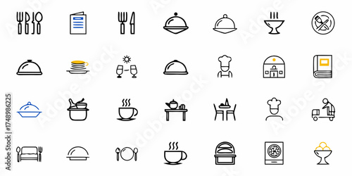 Elegant restaurant icons perfect for menus and websites, featuring cutlery, dishes, chefs, and dining elements in a modern, scalable style originally designed as vector graphics