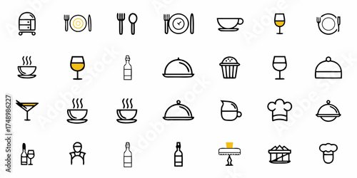 Elegant line icons of dining service and restaurant amenities offer a modern and sophisticated touch for culinary designs and catering promotions, perfect for websites