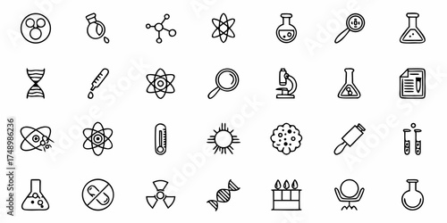 Explore science concepts with these clean line icons relating to chemistry, biology, and physics offering a modern feel, ideal for educational resources and learning tools