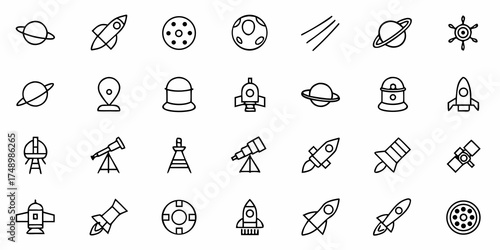 Explore the cosmos with simple line icons of planets, rockets, telescopes, and more, great for space themed designs and educational materials, originally a scalable vector graphic
