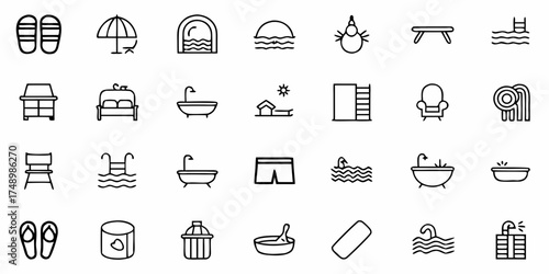 Relaxing summer vacation icon set perfect for travel brochures or spa promotions, featuring bathtubs, beach umbrellas and swimming pools in a minimalist style