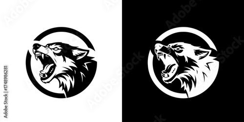 A fierce wolf head logo with an open mouth and sharp teeth, depicted in a circular emblem against contrasting black and white backgrounds.