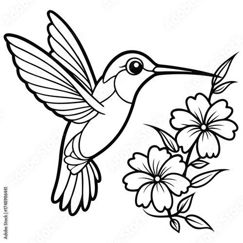 Intricate Coloring Page Depicting a Hummingbird Hovering Gracefully Near Flowers