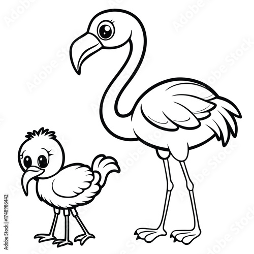 Coloring Page Featuring a Flamingo Chick Cozying Up to Its Parent in Their Natural Habitat