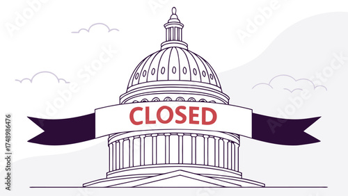 Capitol Building Closed: A symbolic depiction of a grand capitol building, draped with a banner announcing its closure, evoking a sense of unavailability.