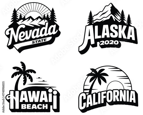 Collection of monochrome travel state emblem badges featuring diverse nature landscapes, vector illustrations