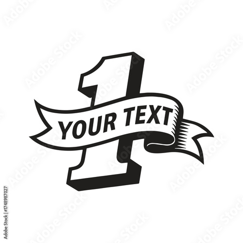 black and white logo illustration of a bold number 1 in slightly upward tilted perspective wrapped by a waving ribbon