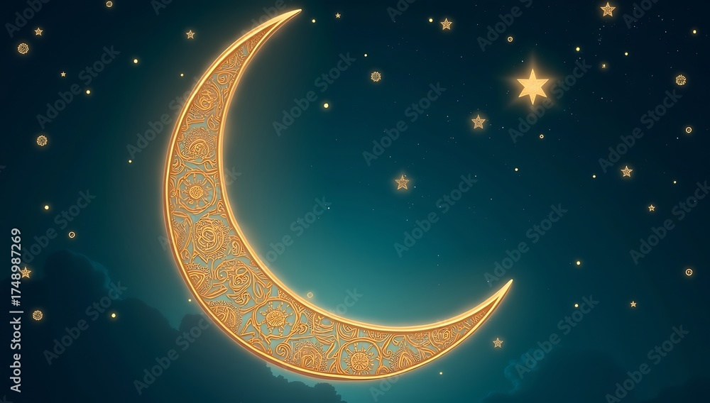 Naklejka premium Elegant crescent moon and star glowing softly against a blue night sky with geometric arabesque patterns, symbolizing peace, guidance, and faith in Islam.