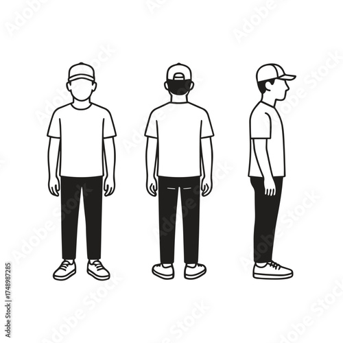 simple line art vector illustration of a man wearing a plain t-shirt shown front view  back view and side view