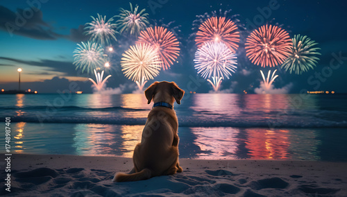 Dog with fireworks new year's eve. Cute puppy sitting on beach, watching colorful fireworks night sky, reflection ocean water background, christmas holiday event vacation memory with loving pet animal