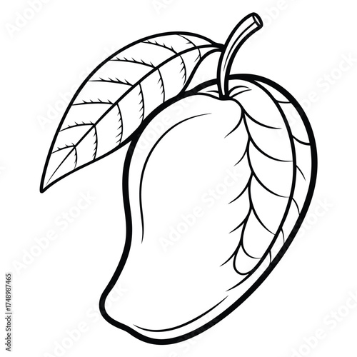 Detailed Coloring Page of a Mango with a Delicate Leaf on Top