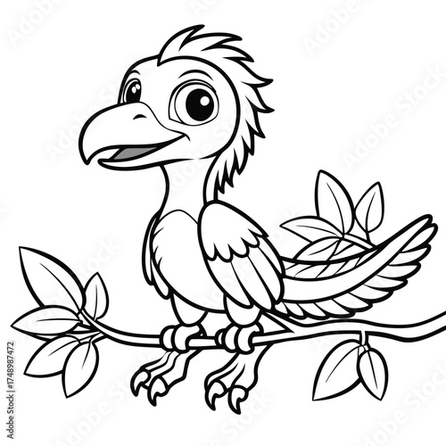Intricate Coloring Page Featuring Microraptor Perched on a Branch