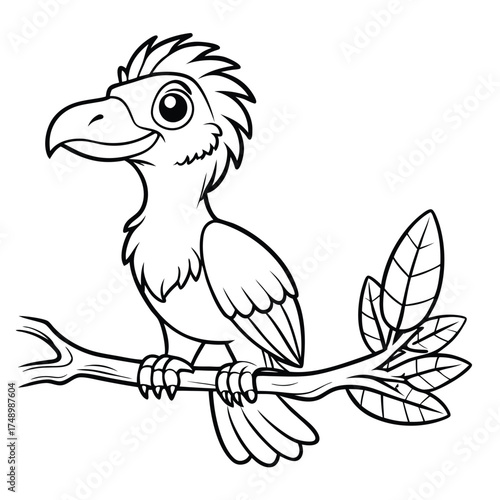 Coloring Page Depicting a Microraptor Dinosaur Perched on a Branch