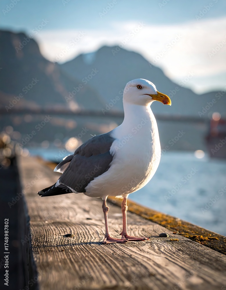 Fototapeta premium Bird perched on wooden deck, mountain backdrop