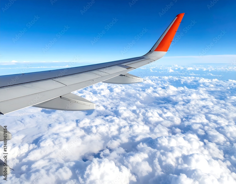 Obraz premium Aerial view from airplane window, wing over fluffy clouds