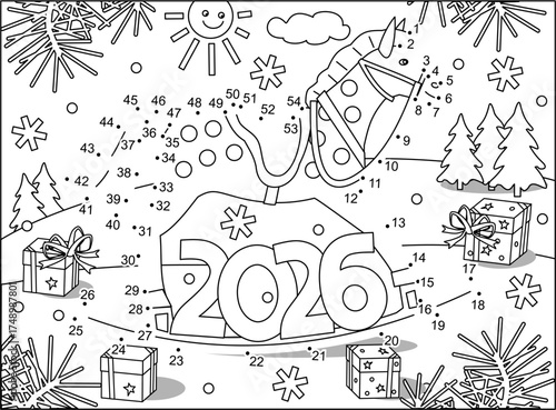 Dot-to-dot 2026 year Zodiac symbol horse in winter holidays activity picture puzzle and coloring page
