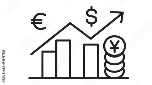 Global currency symbols rise on a growing financial graph, symbolizing economic progress.
