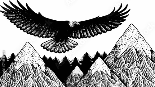 Majestic eagle soaring over mountains and forests creates a vintage, dramatic design element