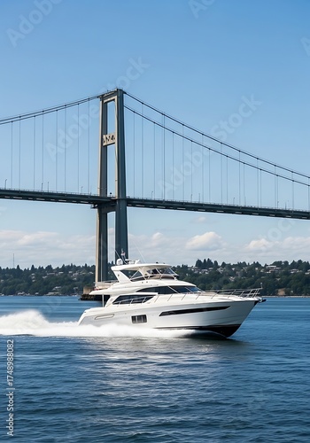 Luxury Yacht Cruising Under a Bridge on a Sunny Day.