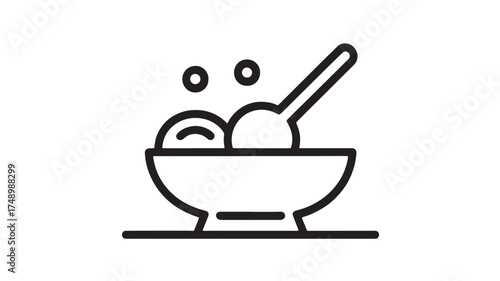 Simple line art illustration of a bowl of ice cream with a spoon and bubbles.