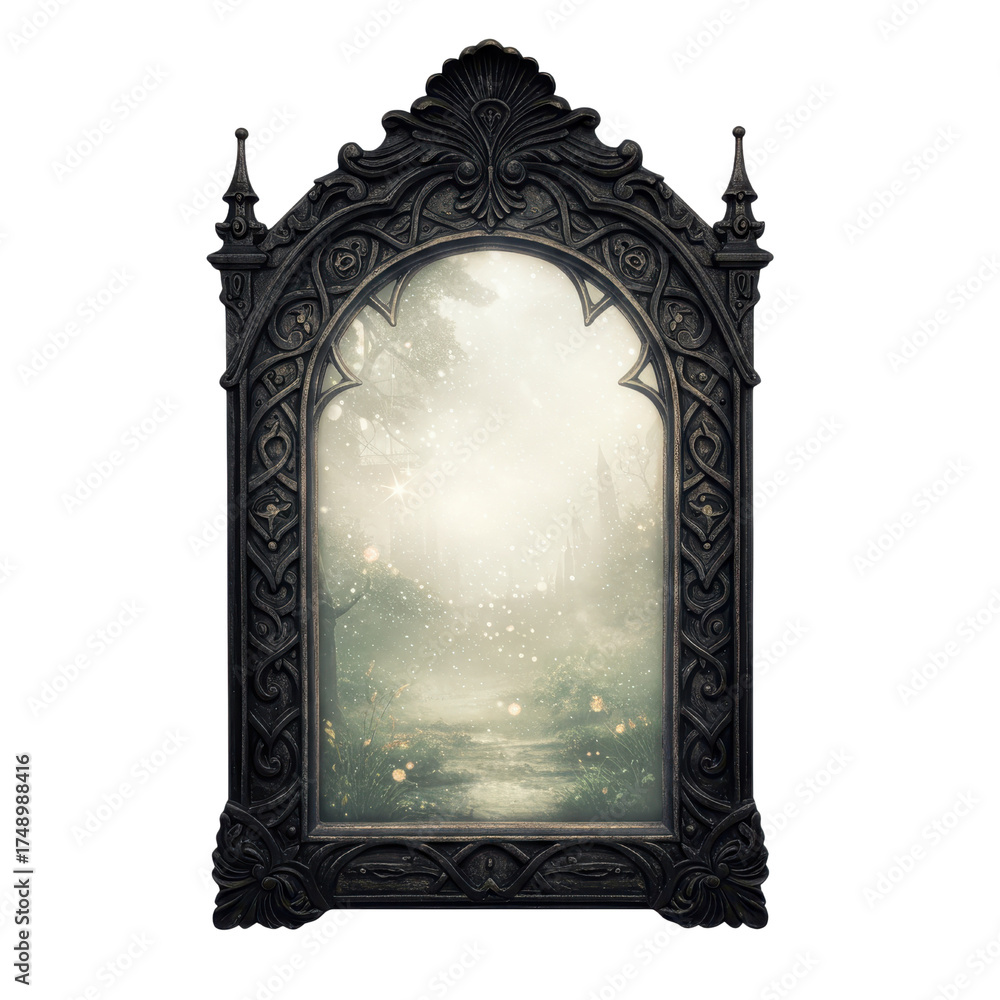 Naklejka premium Antique dark gothic arched mirror frame showing mysterious magical fantasy portal scene isolated PNG with Transparent Background