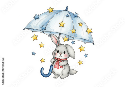 Cute bunny holding a starry umbrella in the rain