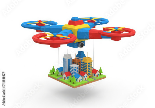 Toy drone carrying a miniature city with buildings and trees